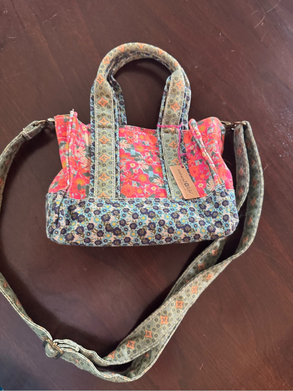 NATURAL LIFE Pink Floral Patchwork Crossbody Tote